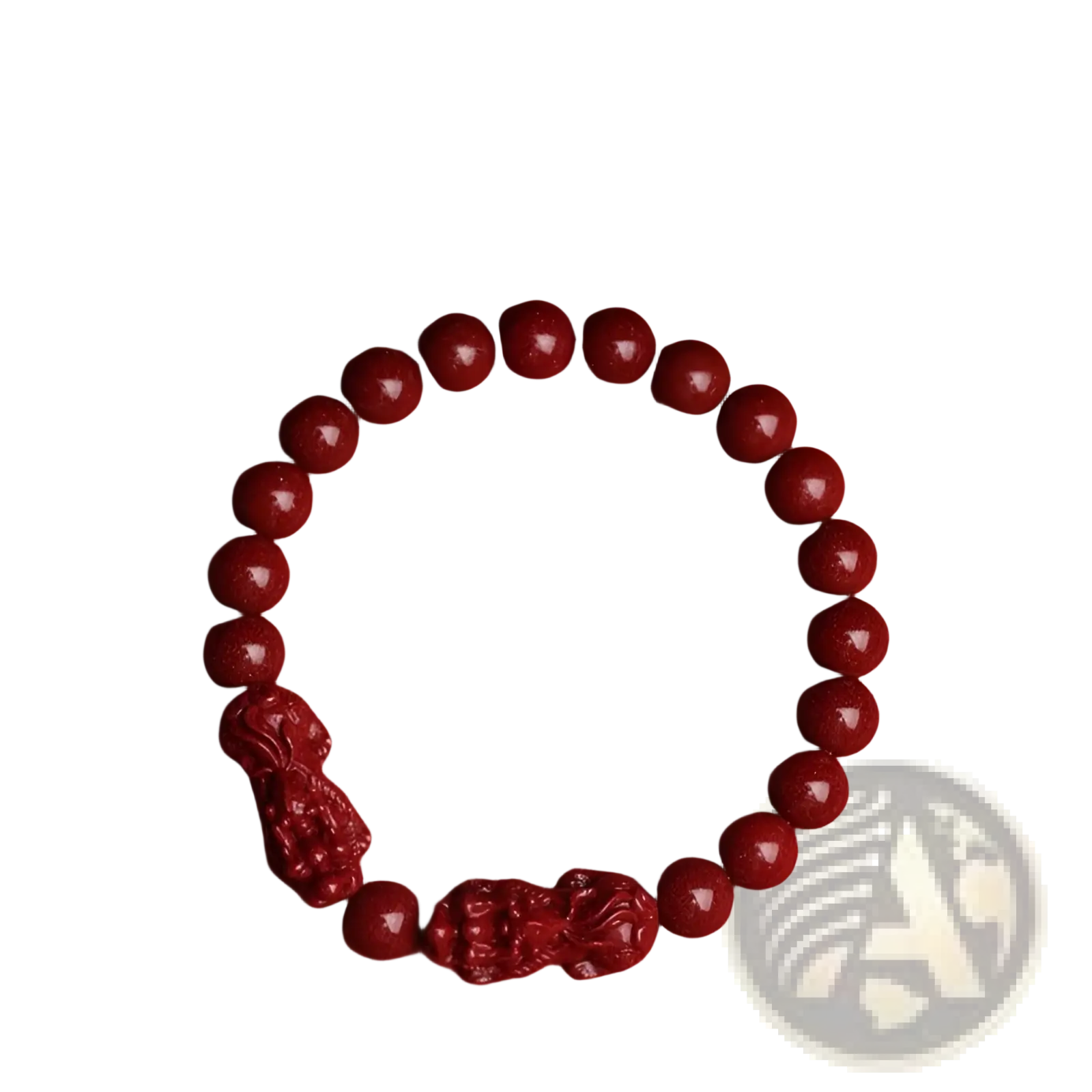 Red jade bracelet with intricately carved lion charms featured in hand carved purple gold cinnabar double pixiu bracelet design
