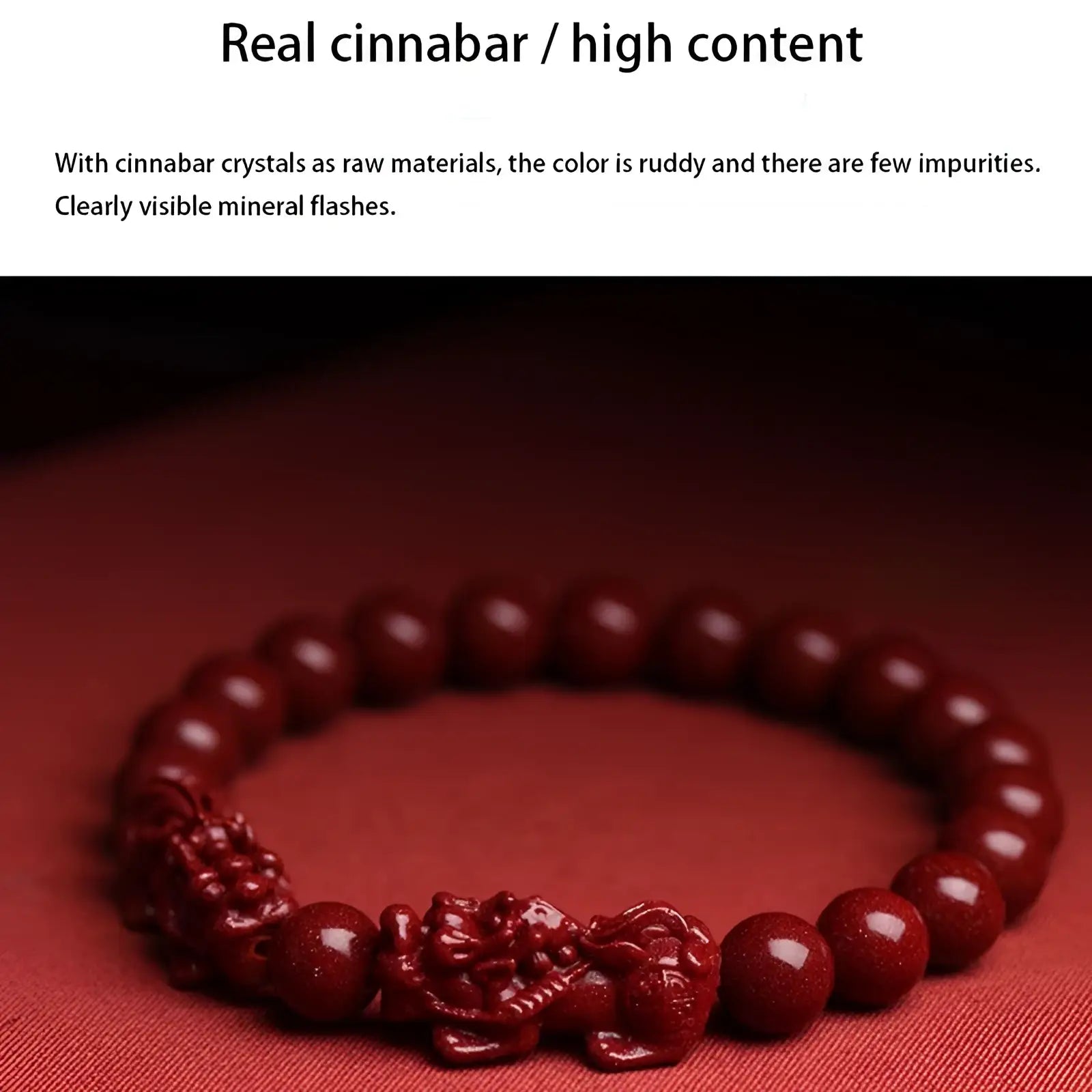Hand carved purple gold cinnabar bead bracelet with deep red polish featuring detailed dragon charm