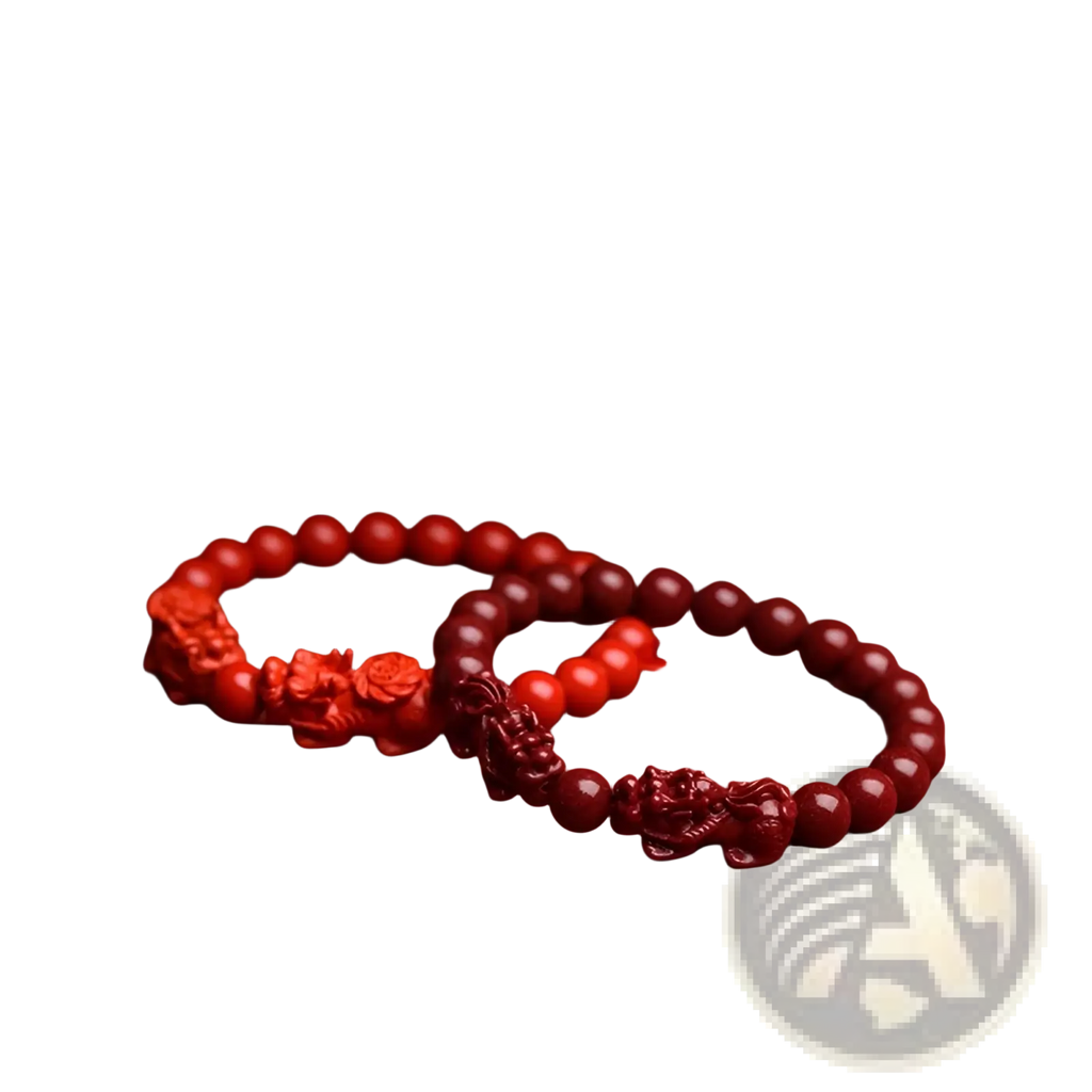 Two hand carved purple gold cinnabar double pixiu bracelets in red with dragon and floral motifs