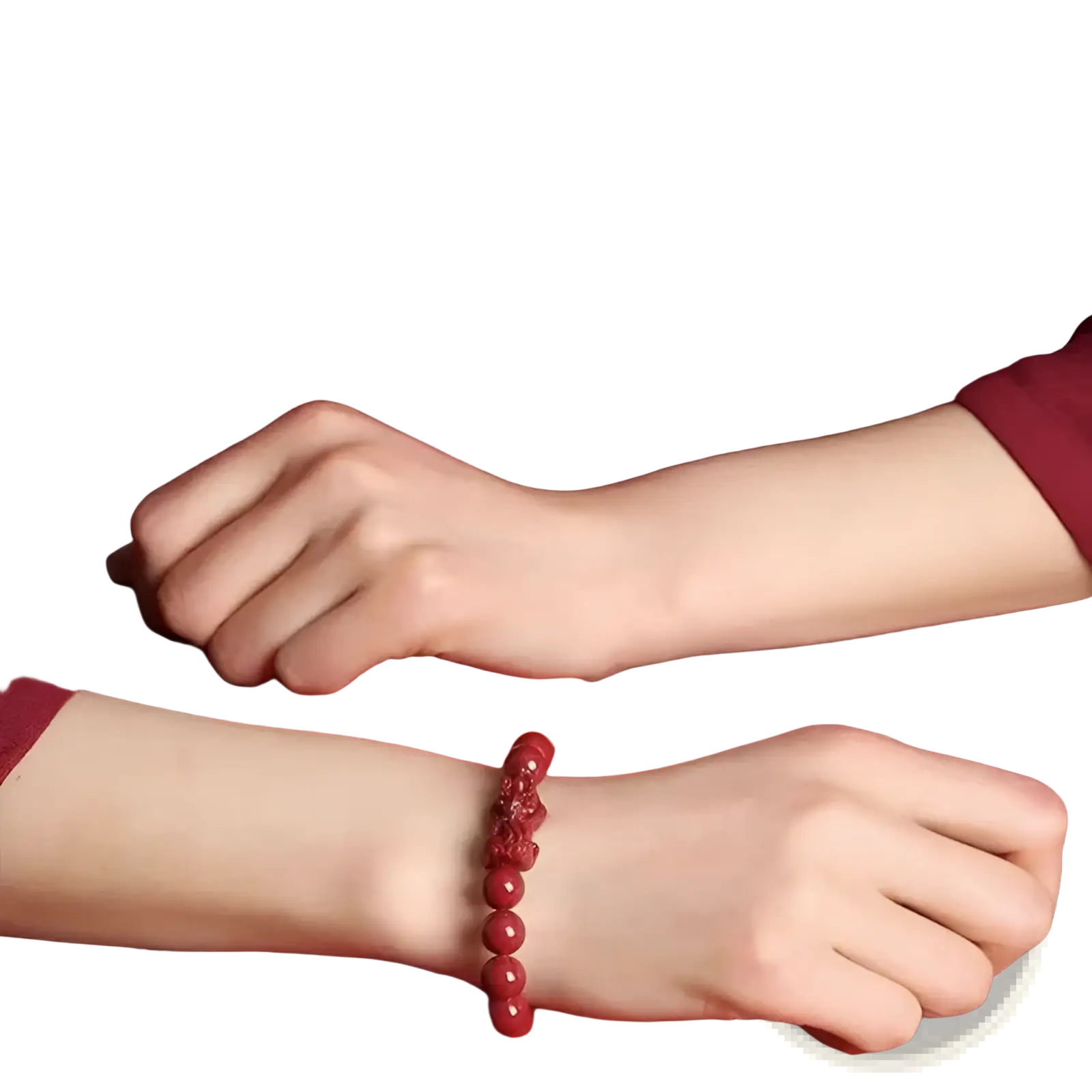 Hand carved purple gold cinnabar double pixiu bracelet with red carved bead detail worn on wrist