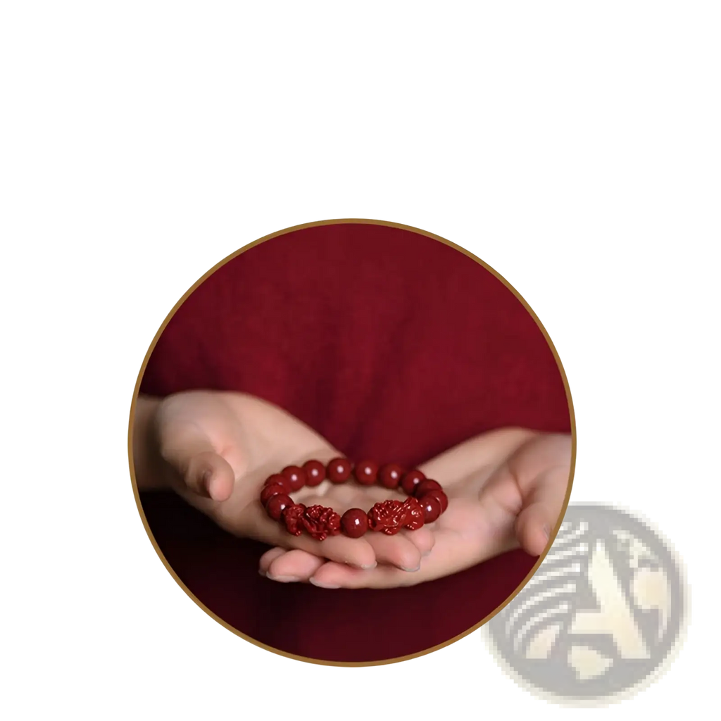 Hand carved purple gold cinnabar double pixiu bracelet with deep red beads and an intricately carved central charm