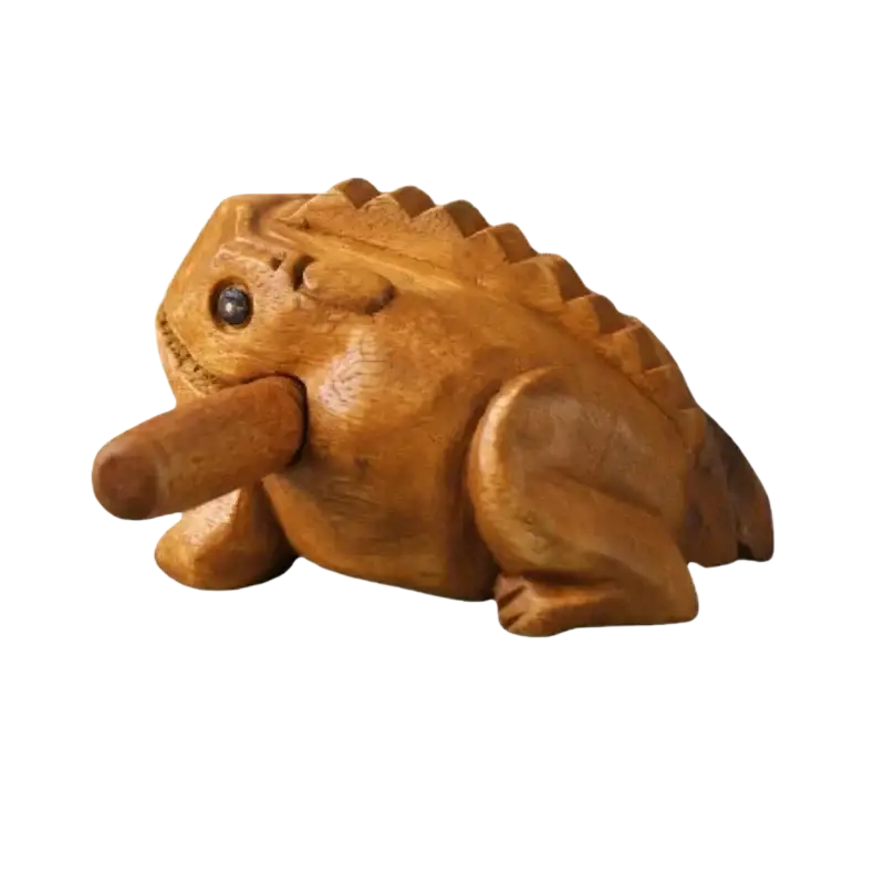 Hand carved wooden frog instrument with smooth warm brown rain wood finish and detailed ridges on frog body back side
