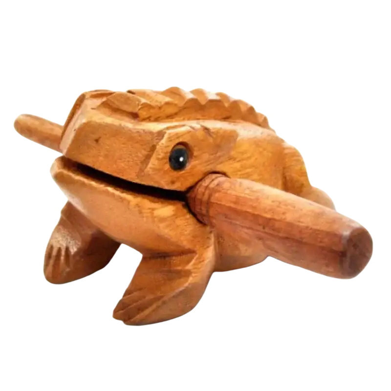 Hand carved wooden frog instrument and home decor with smooth amber finish and detailed sculpted rain wood frog body