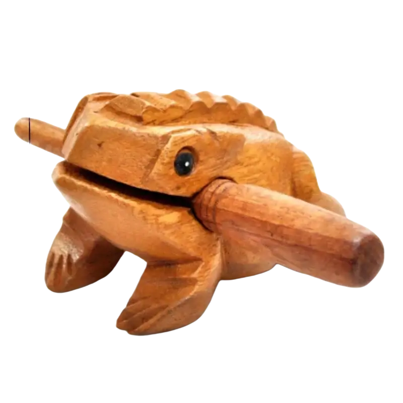 Hand carved wooden frog instrument and home decor with smooth amber finish and detailed sculpted frog body features