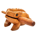 Hand carved wooden frog instrument and home decor with smooth amber finish and detailed sculpted frog body features