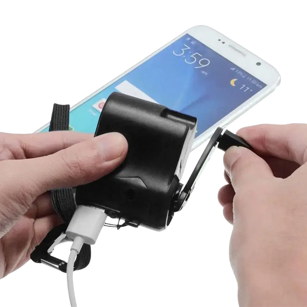 Black hand crank emergency phone charger with adjustable strap and usb port for on-the-go cell phone battery charging
