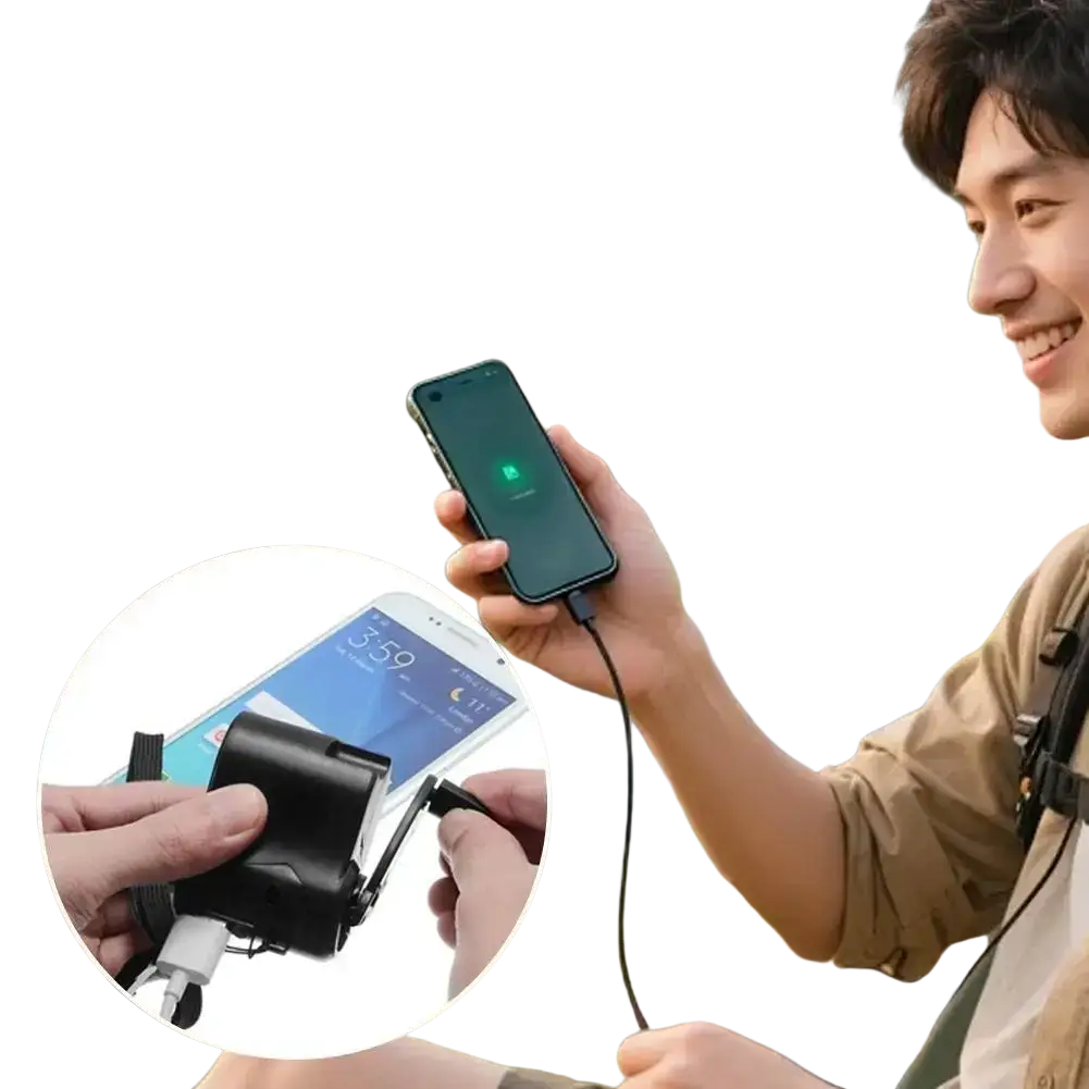 Black hand crank emergency phone charger with compact rugged design and adjustable strap for cell phone battery charging