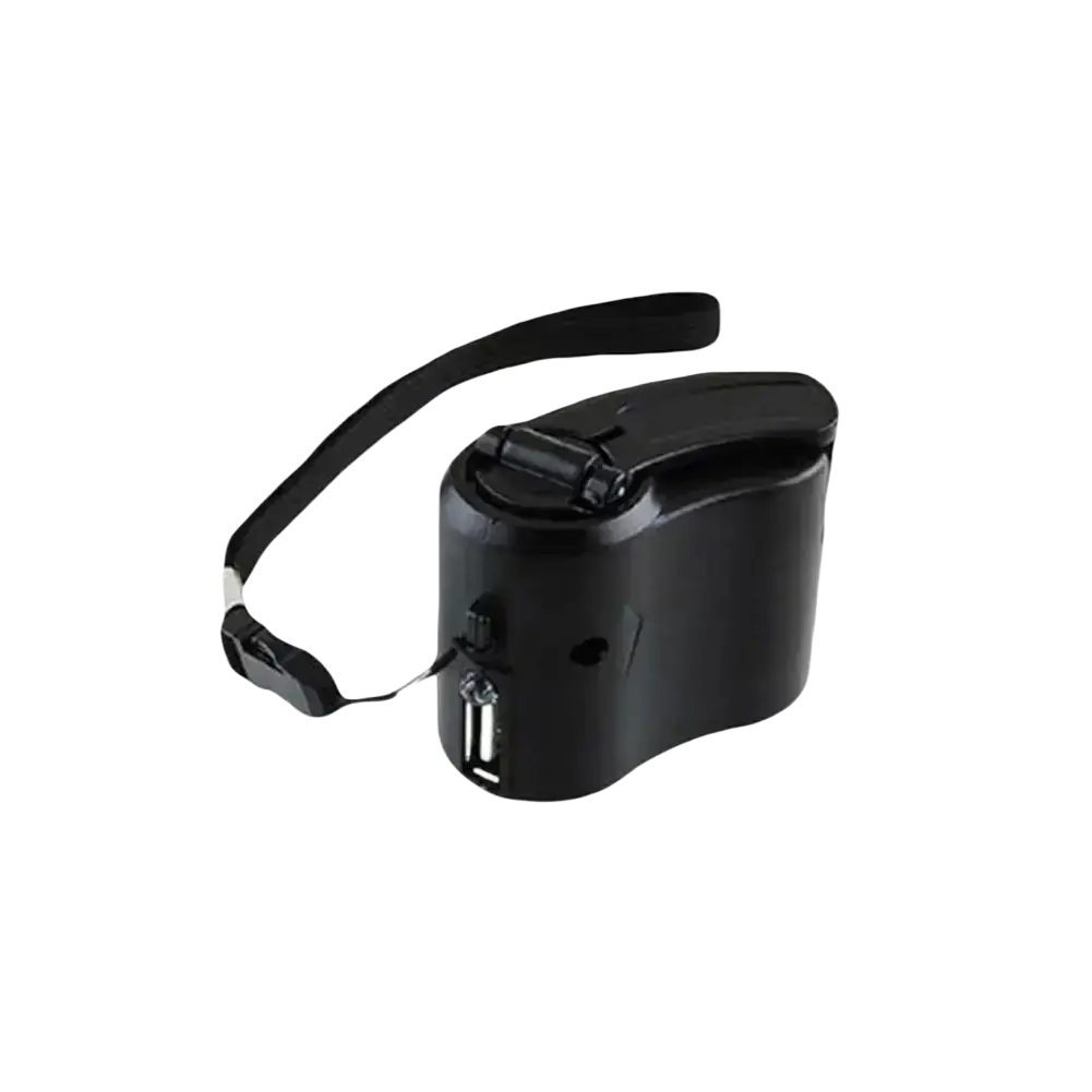 Black hand crank emergency phone charger with usb port and adjustable strap for cell phone battery backup