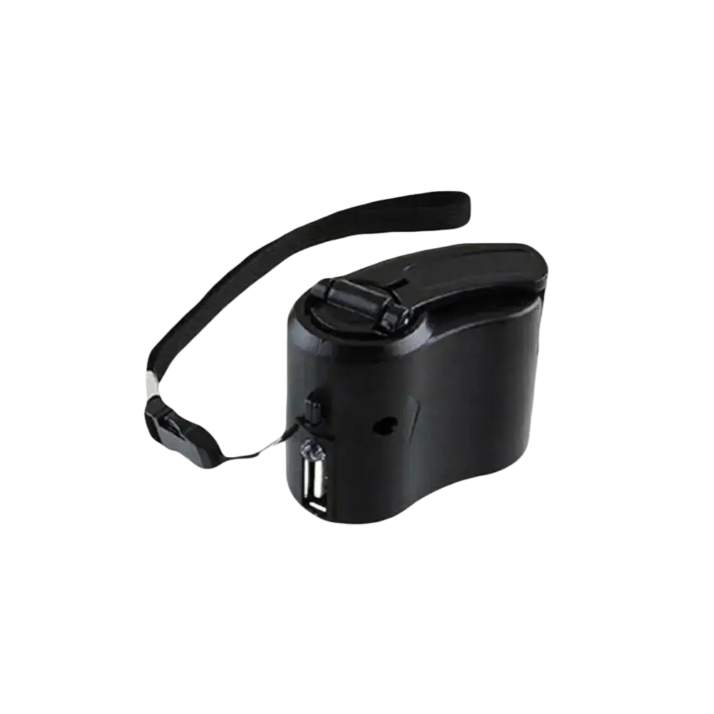 Black portable hand crank emergency phone charger with flip top lid and wrist strap for cell phone battery backup