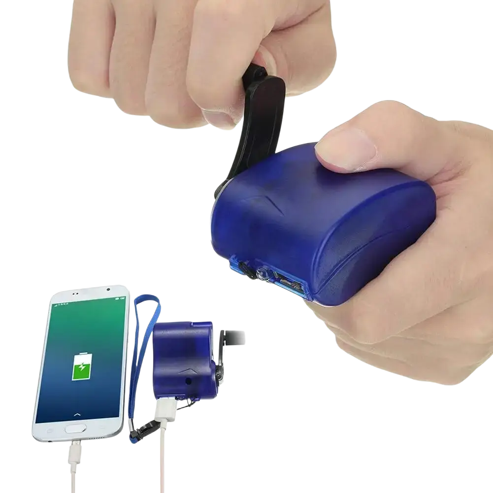 Blue hand crank emergency phone charger with black handle and USB ports for cell phone battery charging