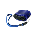 Blue plastic hand crank emergency phone charger with black accents and lanyard for cell phone battery backup