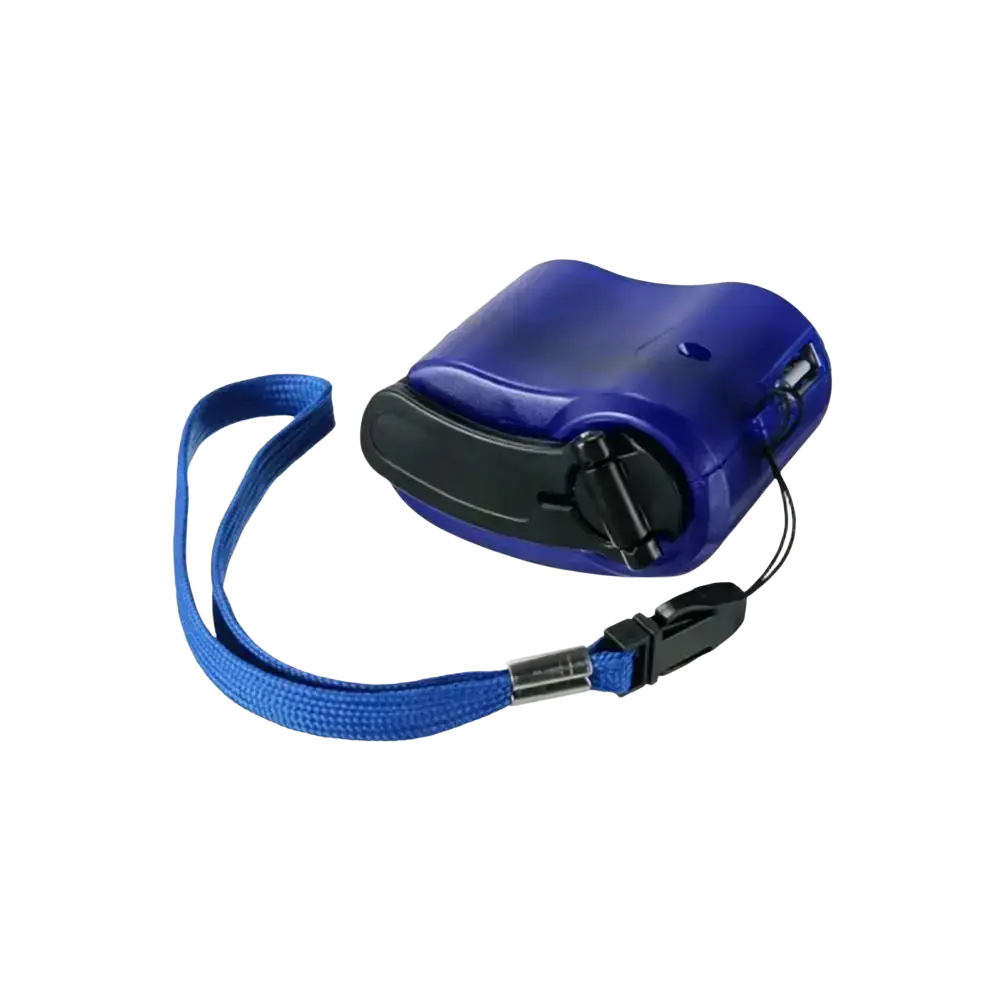 Blue hand crank emergency phone charger with black accents and fabric strap for cell phone battery charging