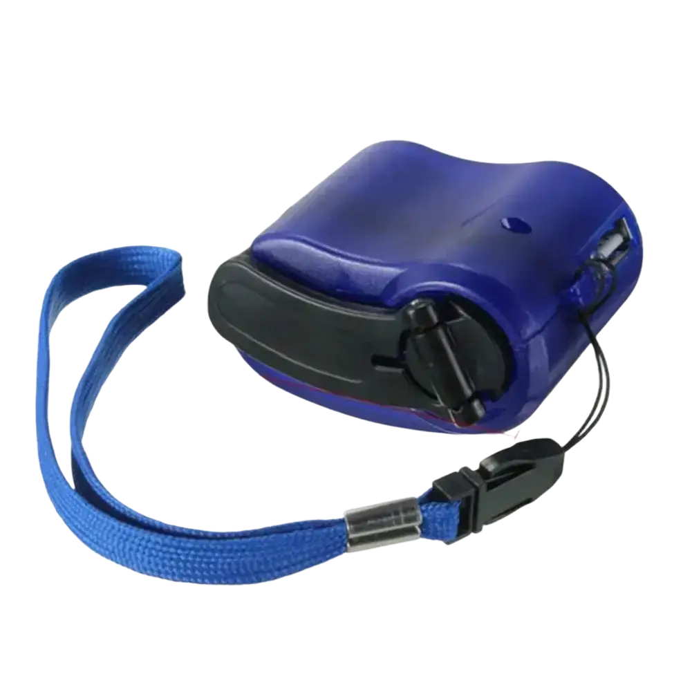 Blue hand crank emergency phone charger with retractable usb and fabric strap for cell phone battery backup