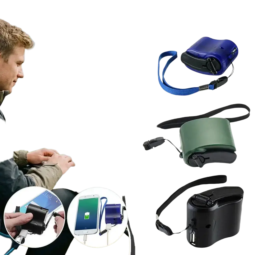 Hand crank emergency phone charger with compact rugged blue green or black plastic housing and strap for cell phone battery