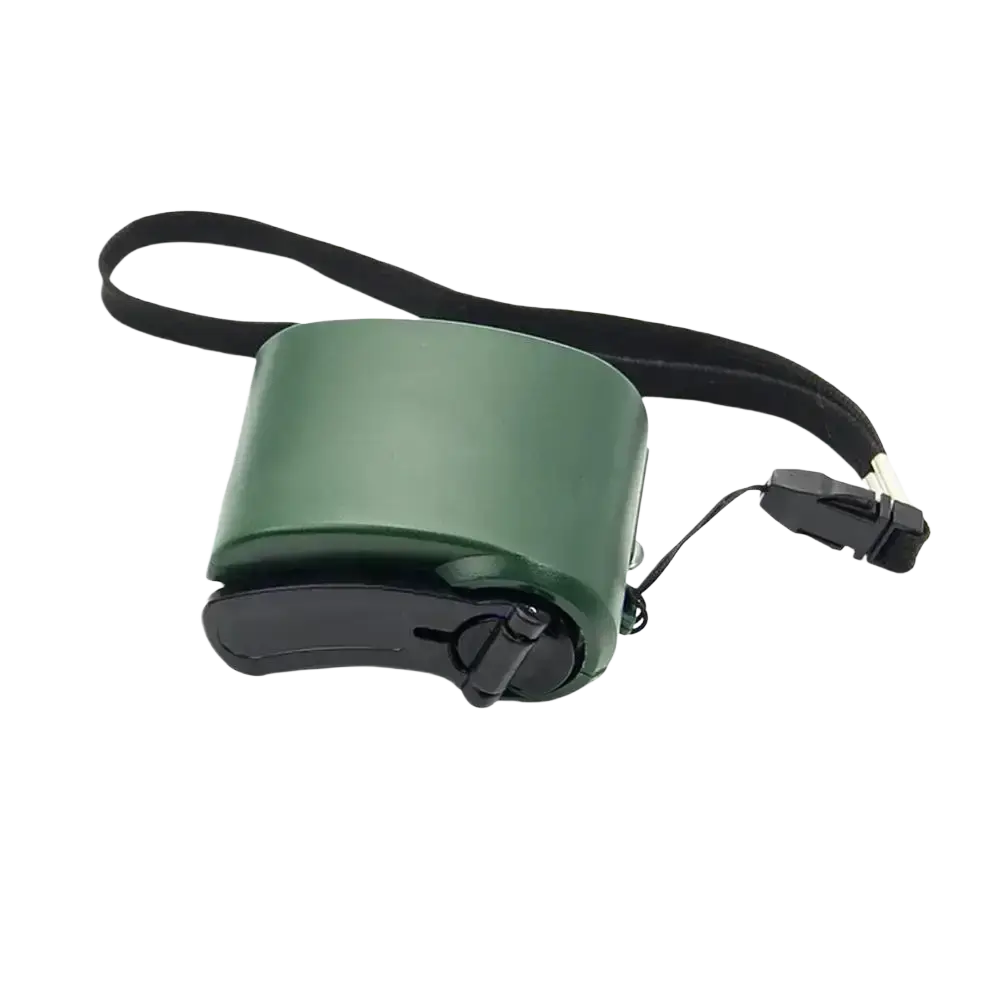 Green cylindrical hand crank emergency phone charger with black strap for cell phone battery backup
