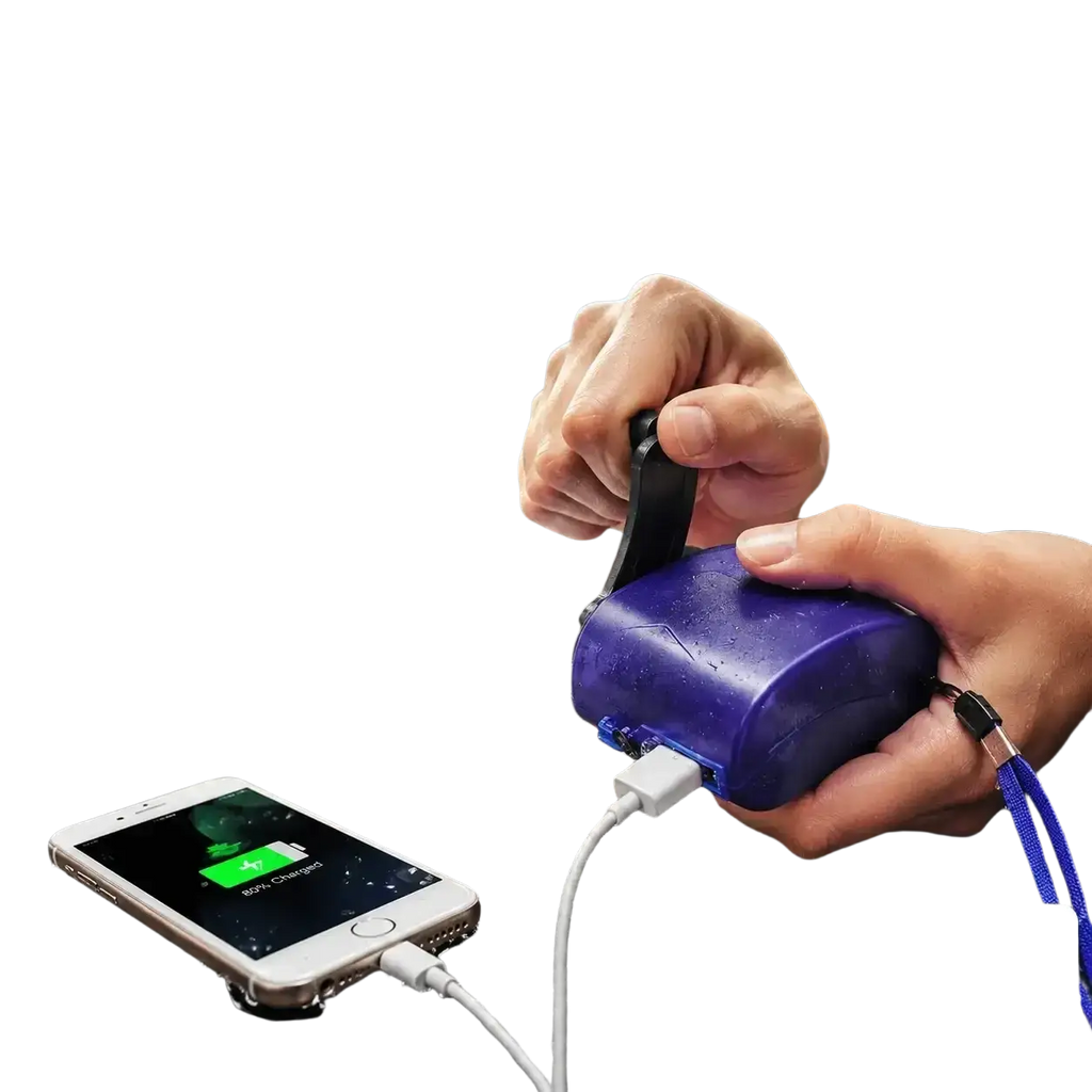 Purple hand crank emergency phone charger with usb output for cell phone battery in a compact lightweight design