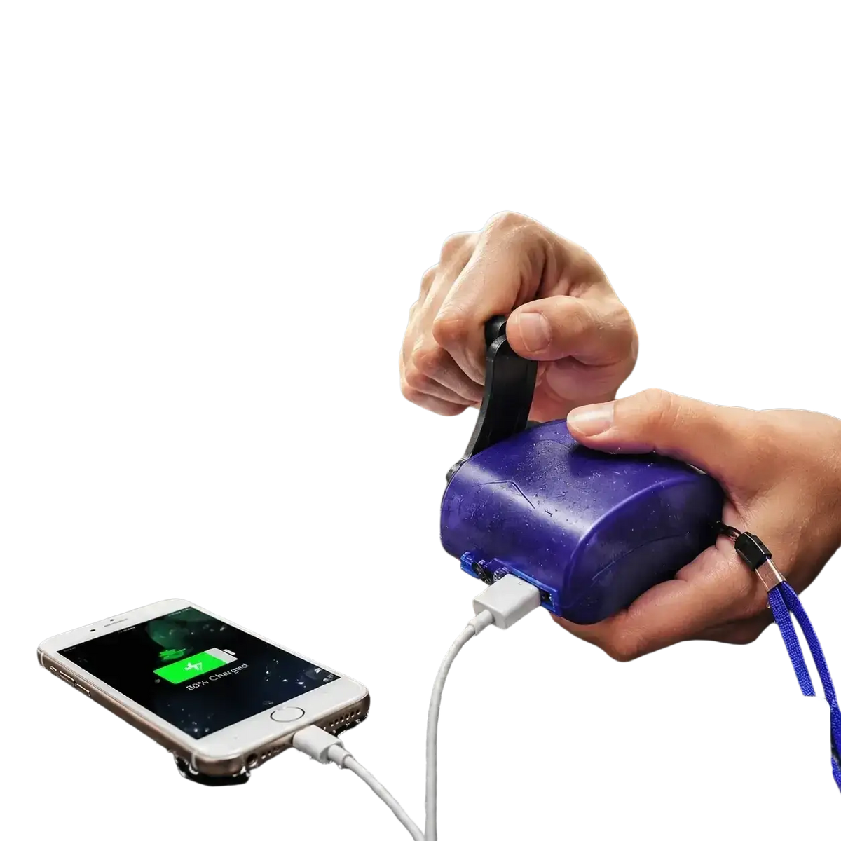 Purple hand crank emergency phone charger with usb output for cell phone battery in a compact lightweight design
