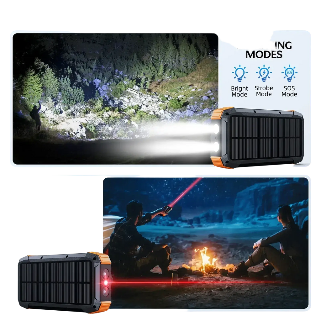 Black and orange hand crank solar power bank flashlight with 50000mah capacity and micro usb connectivity with laser mode