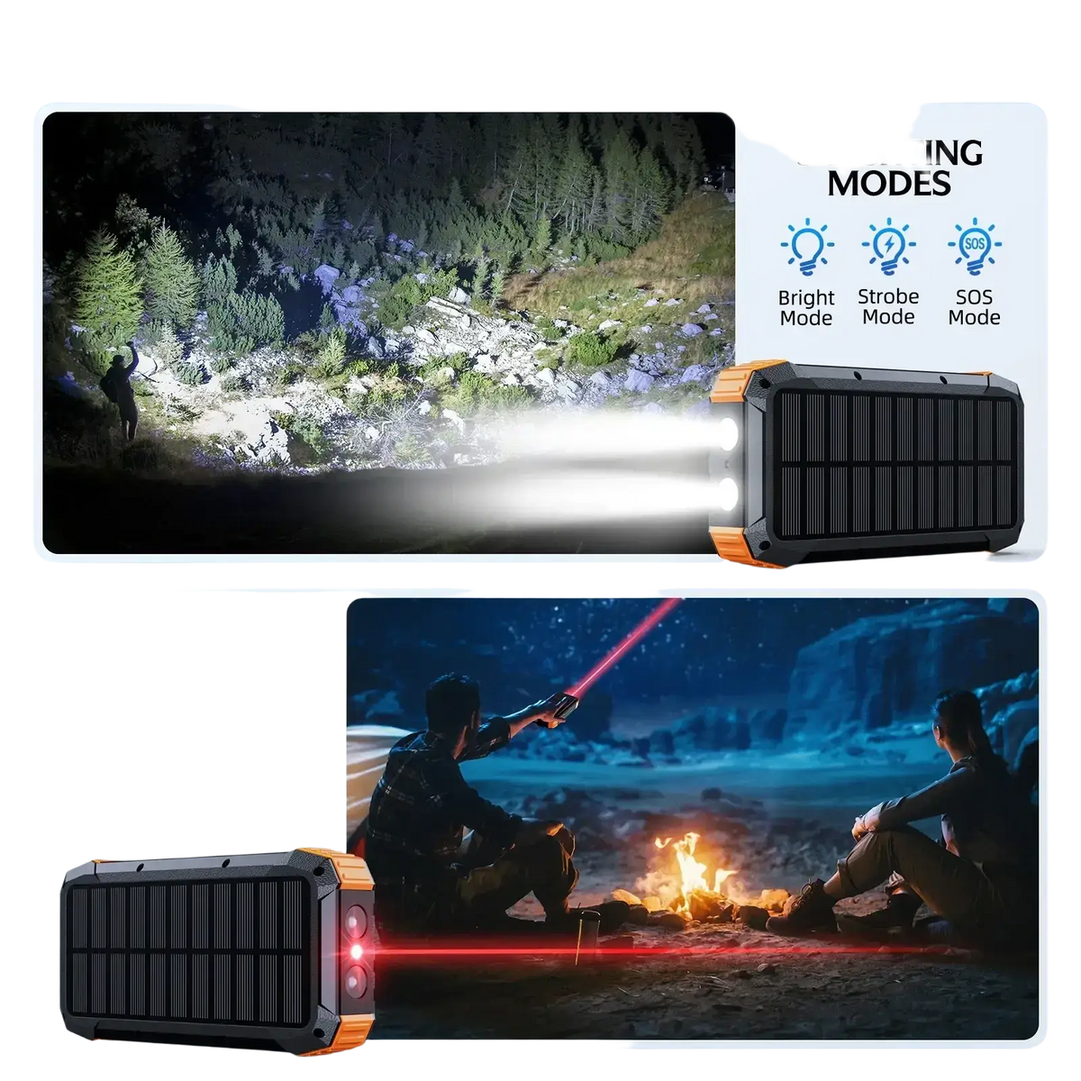 Black and orange hand crank solar power bank flashlight with 50000mah capacity and micro usb connectivity with laser mode