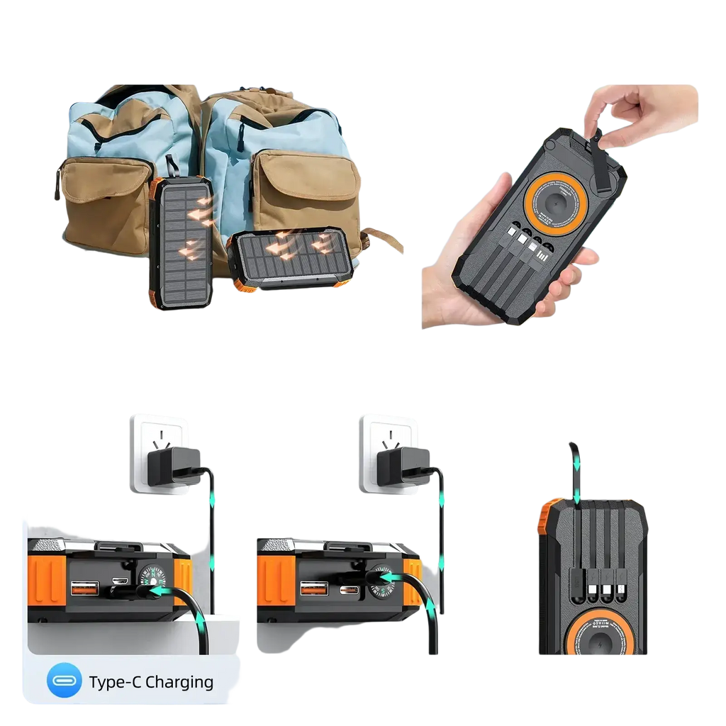 Black and orange rugged hand crank power bank with solar panels micro usb and type-c ports 50000mah capacity