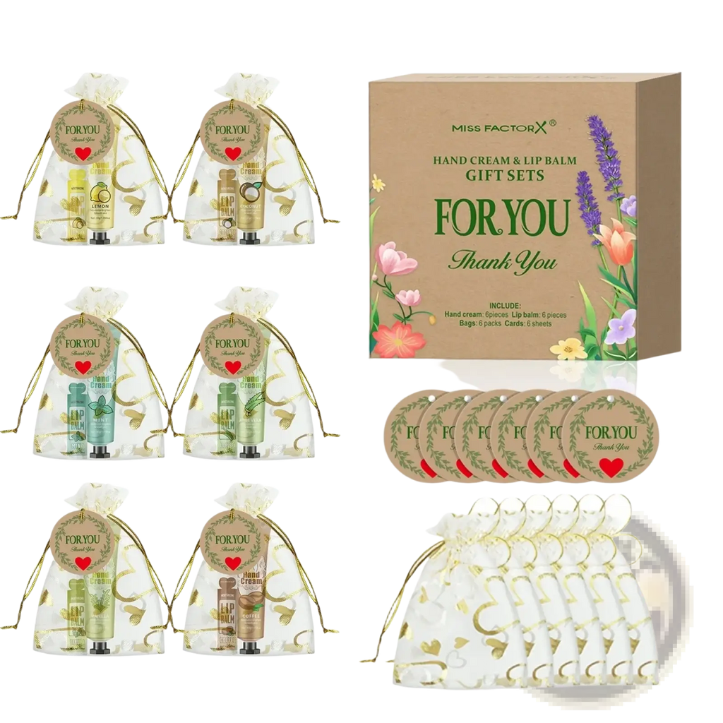 Clear organza gift bags with gold foil leaf pattern and drawstring closures holding hand cream and lip balm sets