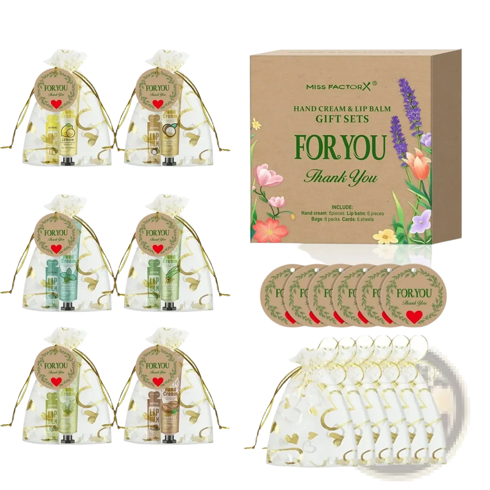 Clear organza gift bags with gold foil leaf pattern and drawstring closures holding hand cream and lip balm sets