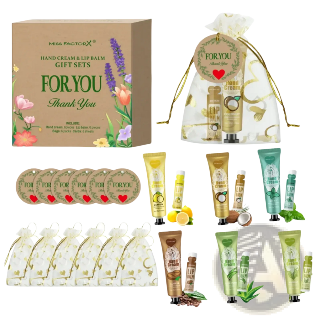 Miss factorx hand cream and lip balm gift set 6 pieces in varied packaging including gift boxes and clear drawstring bags