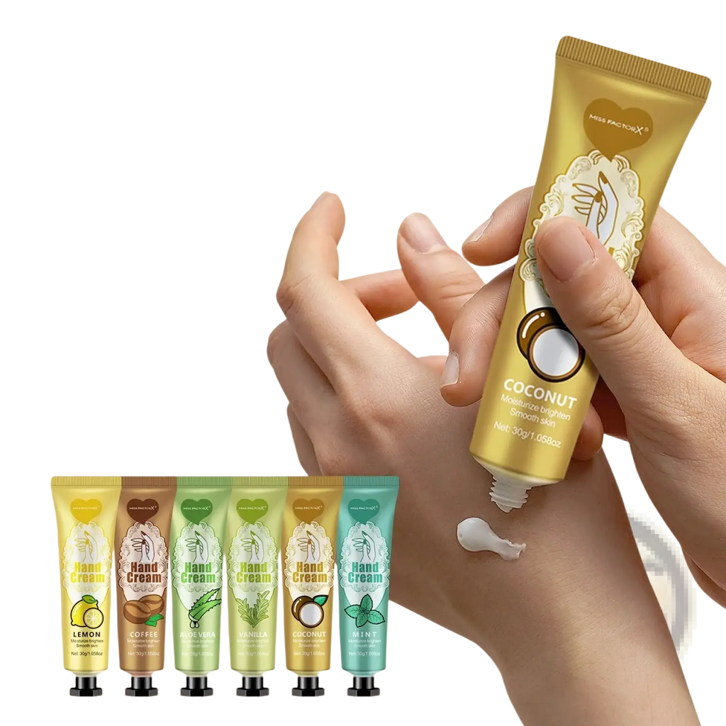 Gold-colored tube of miss factor coconut hand cream with ornate white design and black cap in hand cream and lip balm gift set