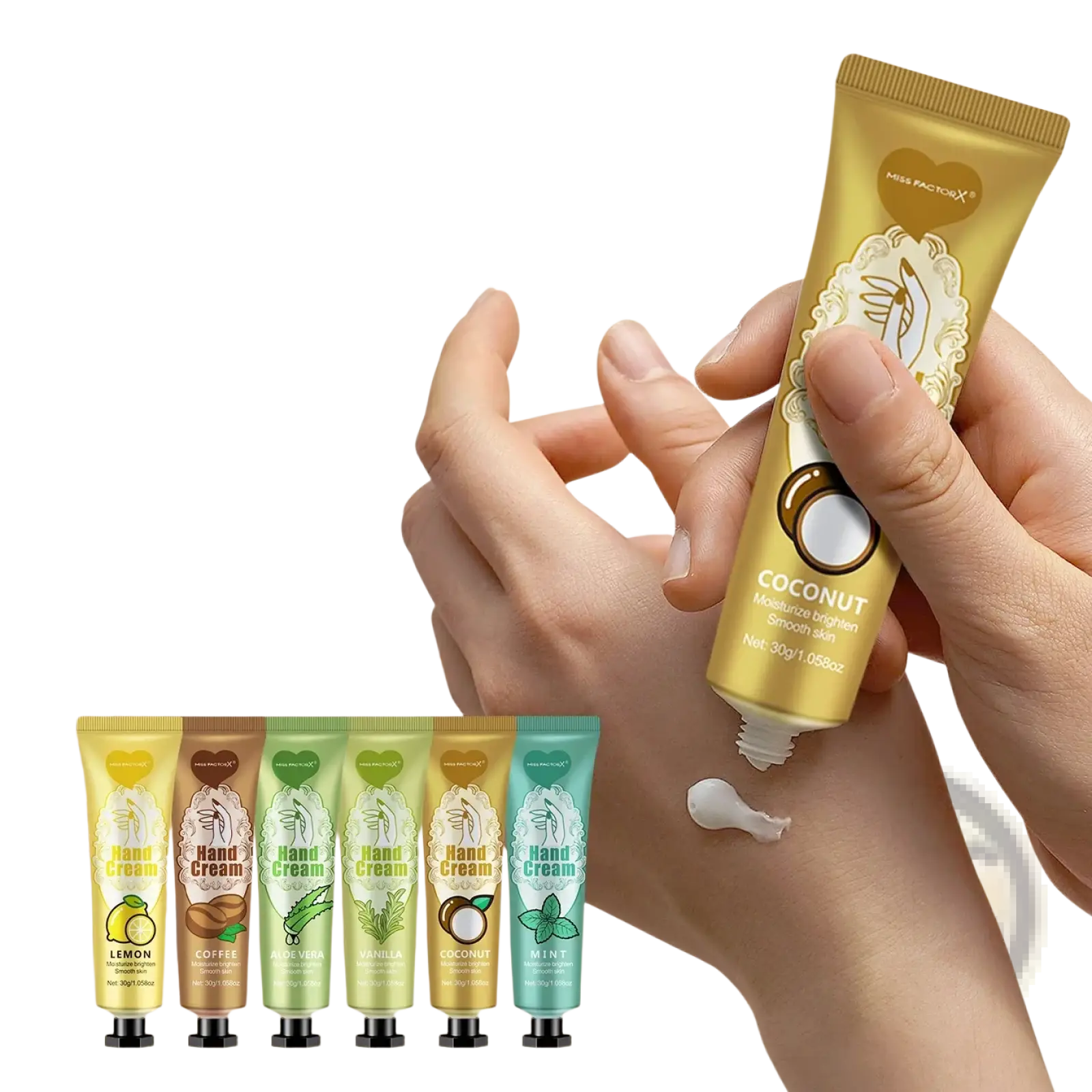 Gold-colored tube of miss factor coconut hand cream with ornate white design and black cap in hand cream and lip balm gift set