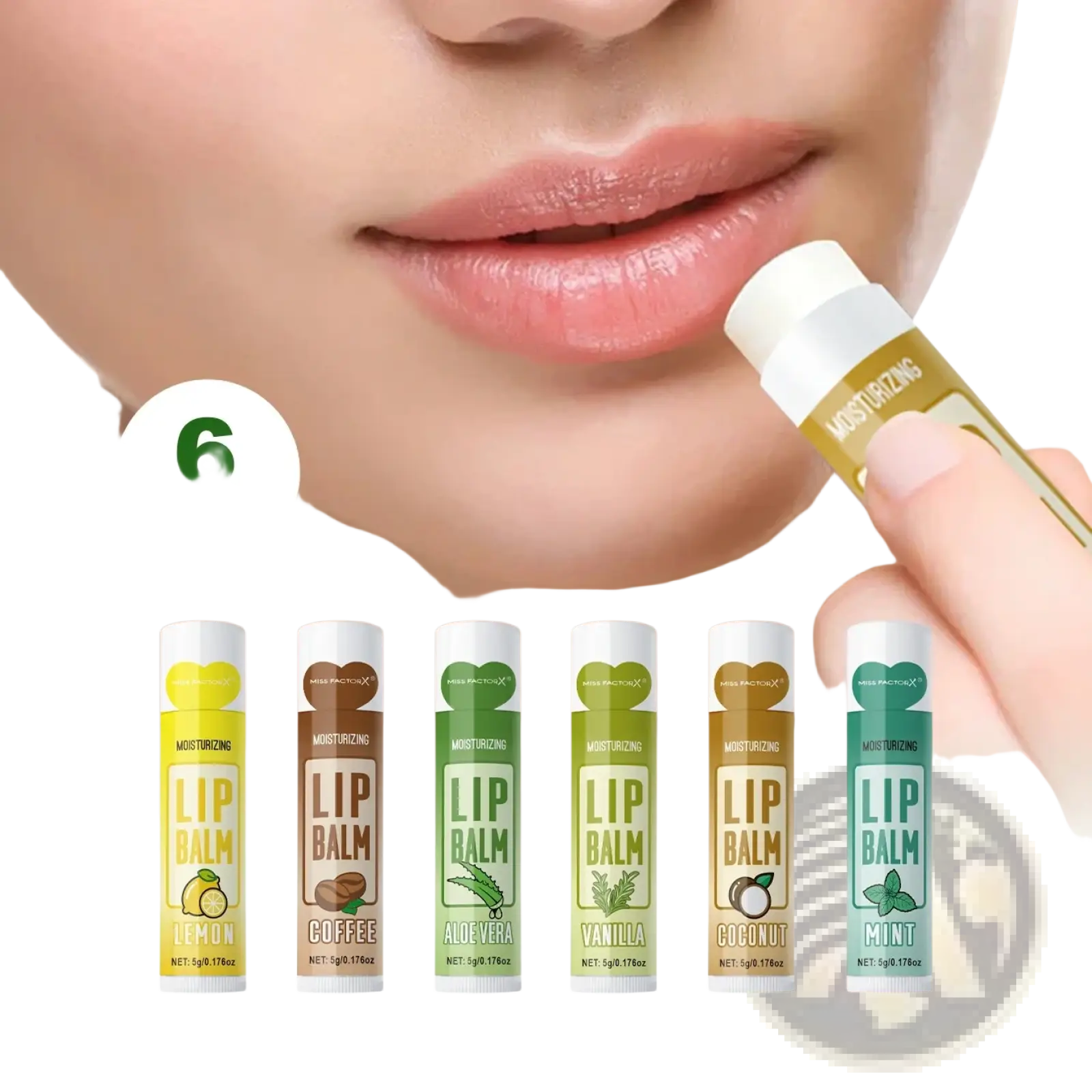 A hand holding a gold-tipped white-capped moisturizing lip balm from a hand cream and lip balm gift set six pieces