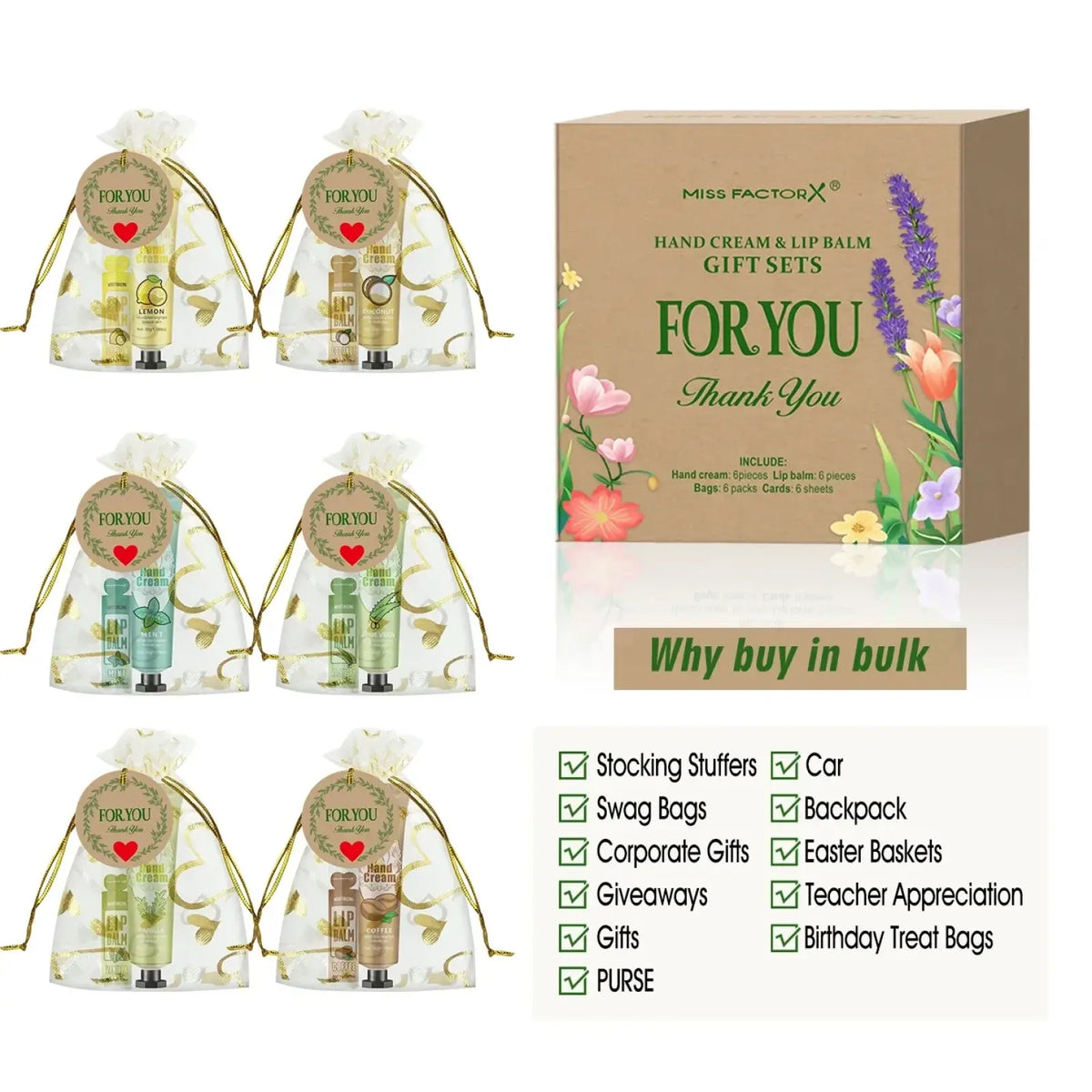 Miss factor for you hand cream and lip balm gift set 6 pieces in a clear organza drawstring bag with gold trim