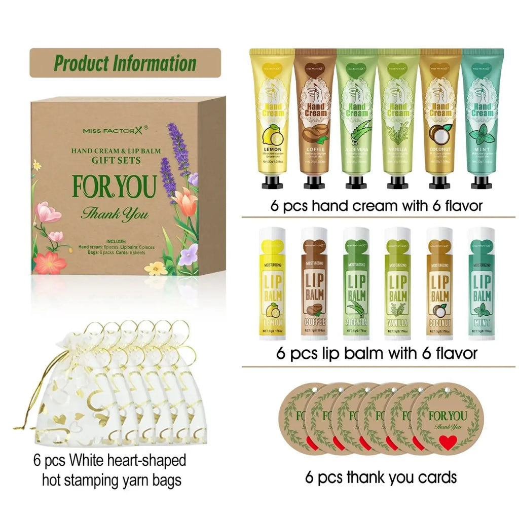 Miss Factorx hand cream and lip balm gift set with six assorted scented tubes in vibrant floral glossy packaging