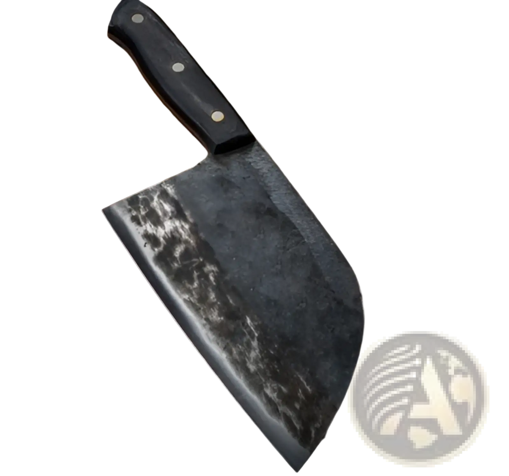 Hand-forged high carbon stainless steel meat cleaver with textured dark gray forged steel blade and black handle with silver rivets