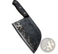 Hand-forged high carbon stainless steel meat cleaver with textured dark gray forged steel blade and black handle with silver rivets