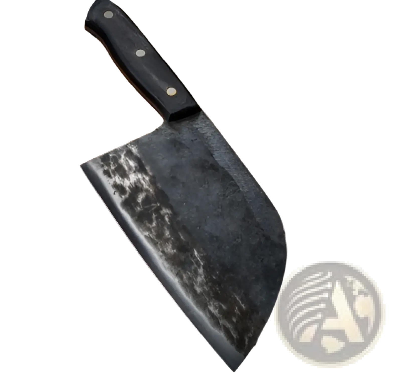 Hand-forged high carbon stainless steel meat cleaver with textured dark gray forged steel blade and black handle with silver rivets