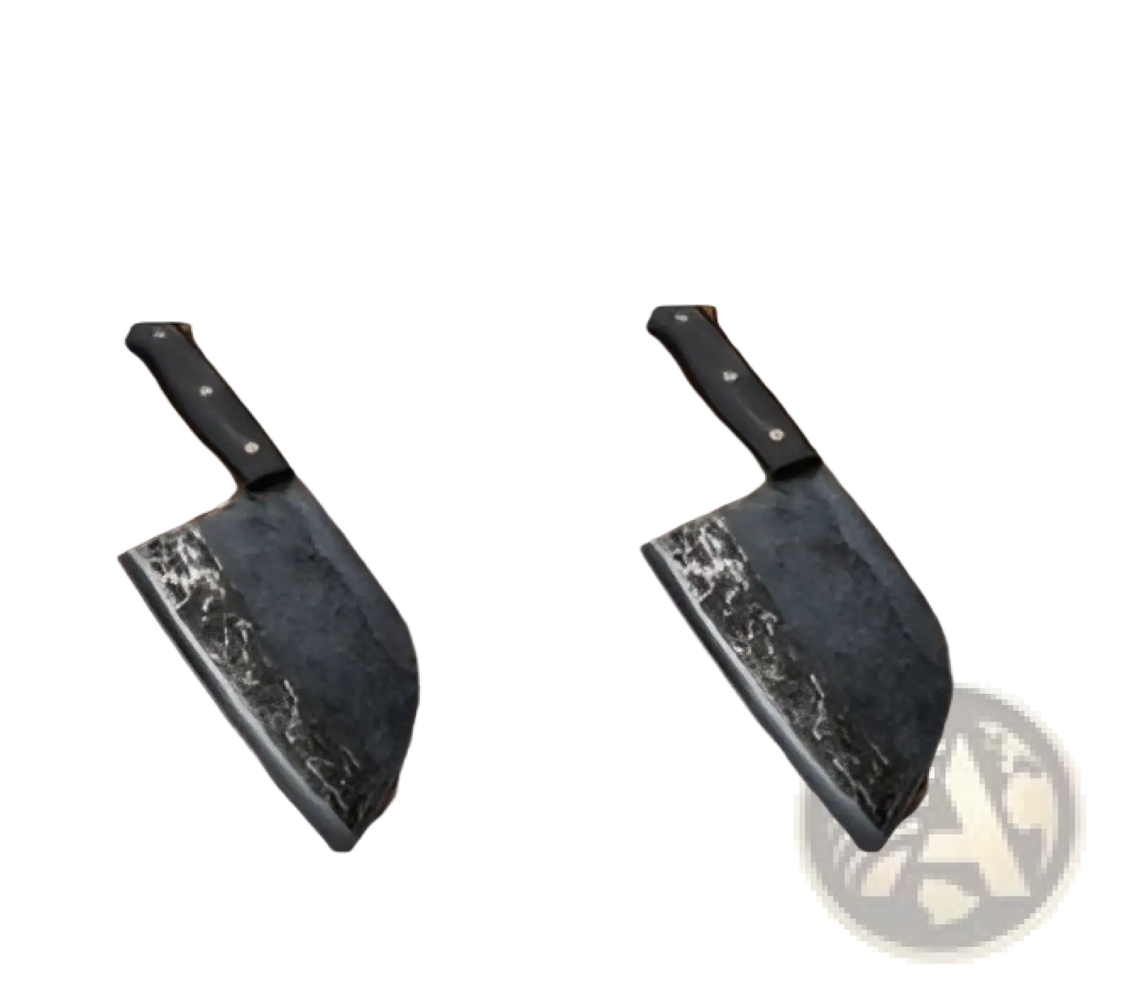 Black-handled hand-forged high carbon stainless steel meat cleaver with dark textured hammered blade for precise cutting
