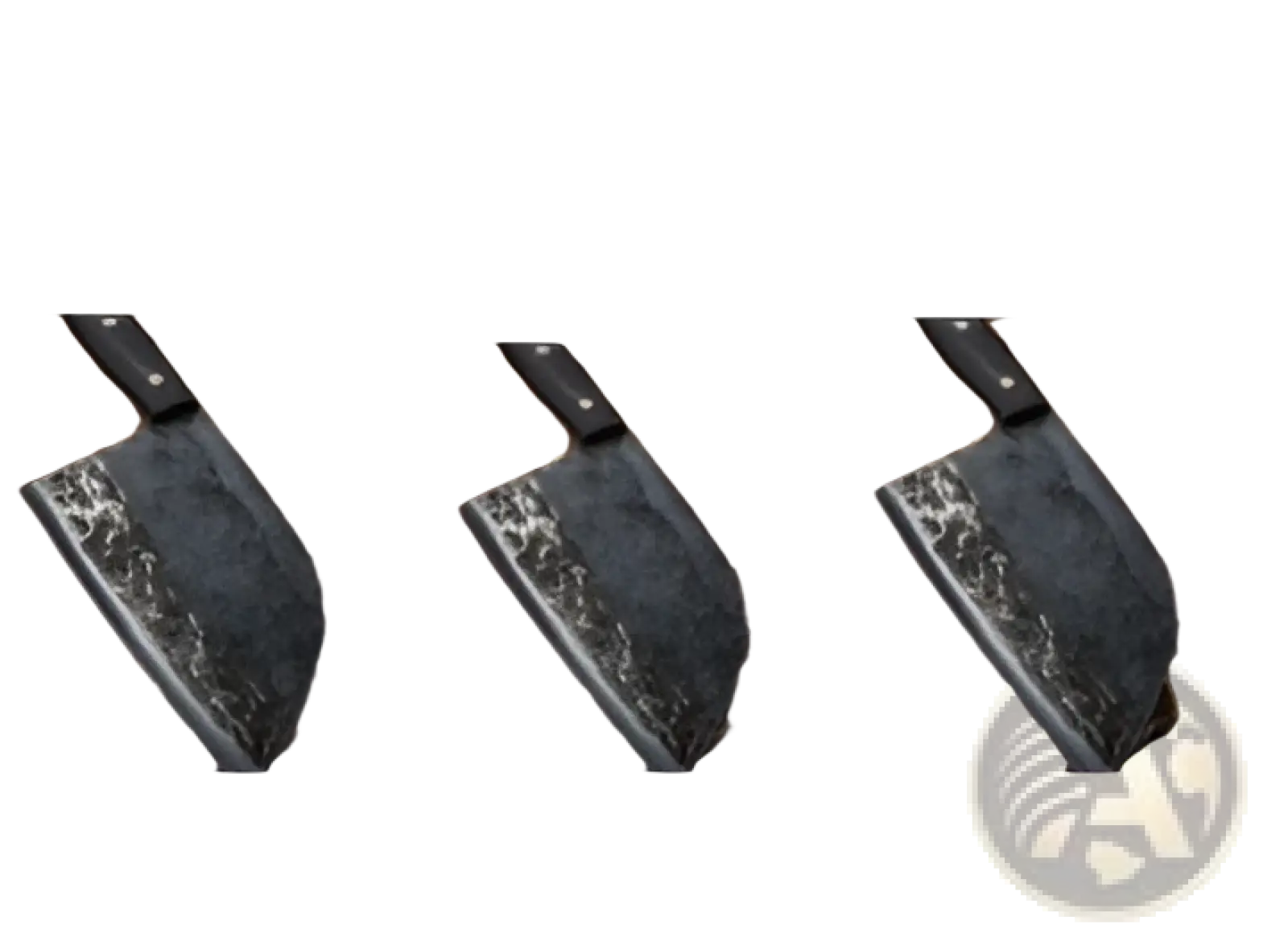 Three black-handled hand-forged high carbon stainless steel meat cleavers with dark textured blades for cutting