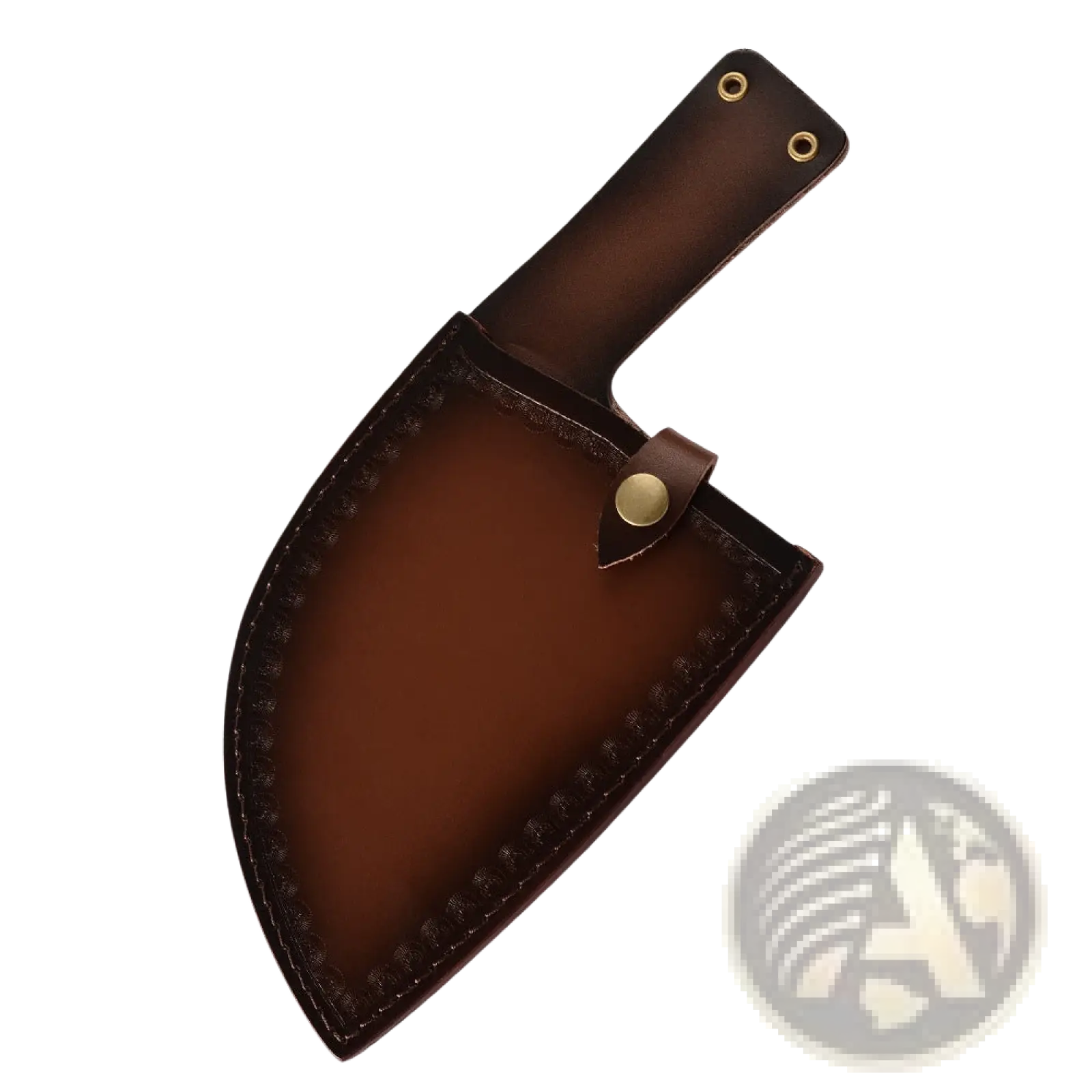 Brown leather knife sheath with stitched edges and brass hardware for hand-forged high carbon stainless steel meat cleaver