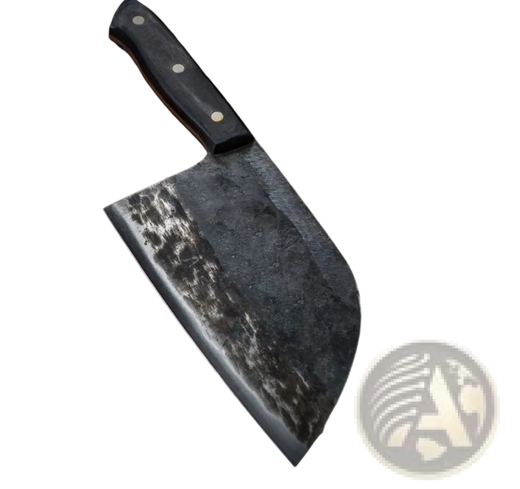 Black-handled hand-forged high carbon stainless steel meat cleaver with a dark textured blade on rustic wooden stumps