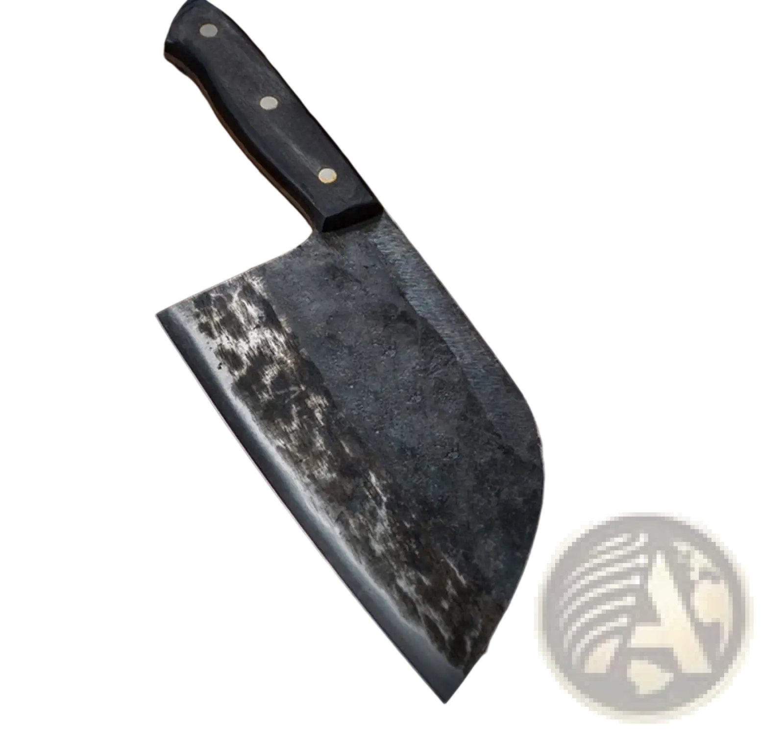 Black-handled hand-forged high carbon stainless steel meat cleaver with a dark textured blade on rustic wooden stumps
