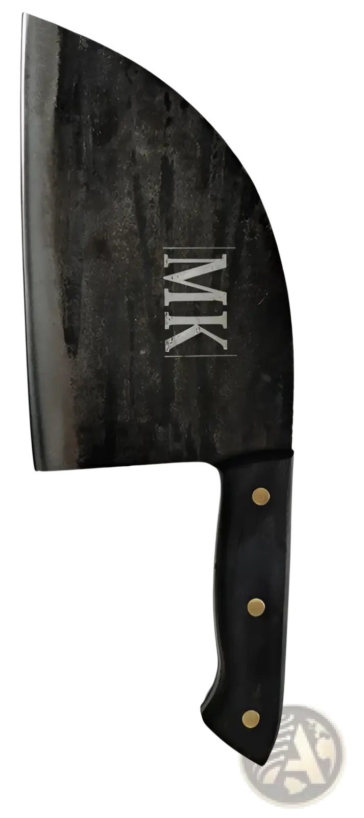 Black-handled hand-forged high carbon stainless steel meat cleaver with dark textured blade featuring mk logo