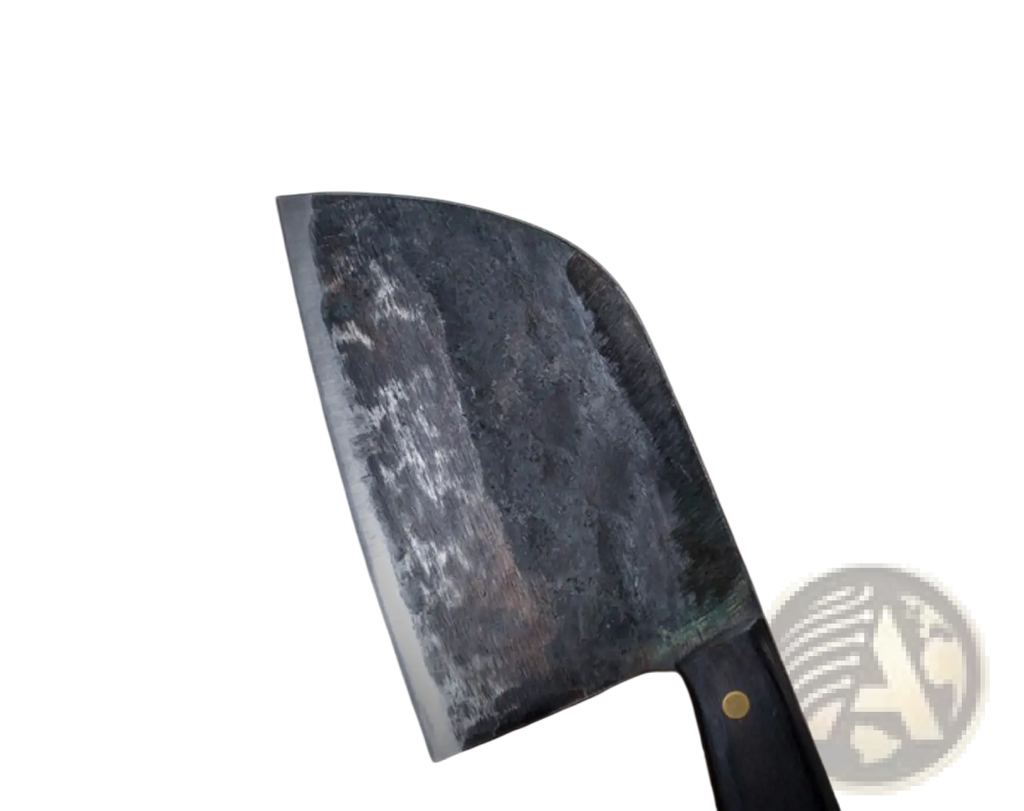 A heavy dark gray forged steel meat cleaver with a slightly worn high carbon stainless steel blade and black handle