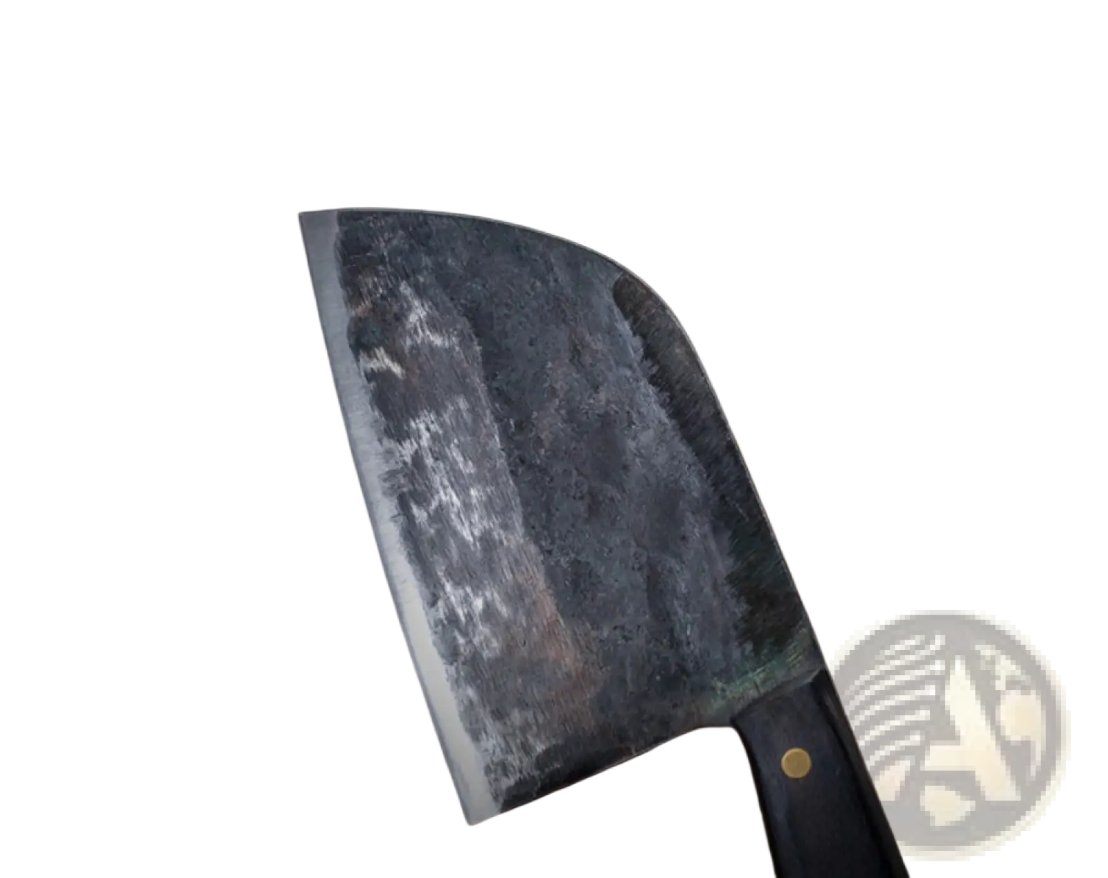 A heavy dark gray forged steel meat cleaver with a slightly worn high carbon stainless steel blade and black handle