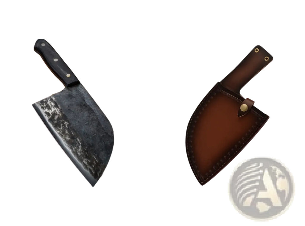 Black-handled hand-forged high carbon stainless steel meat cleaver with dark textured blade on rustic wood surface