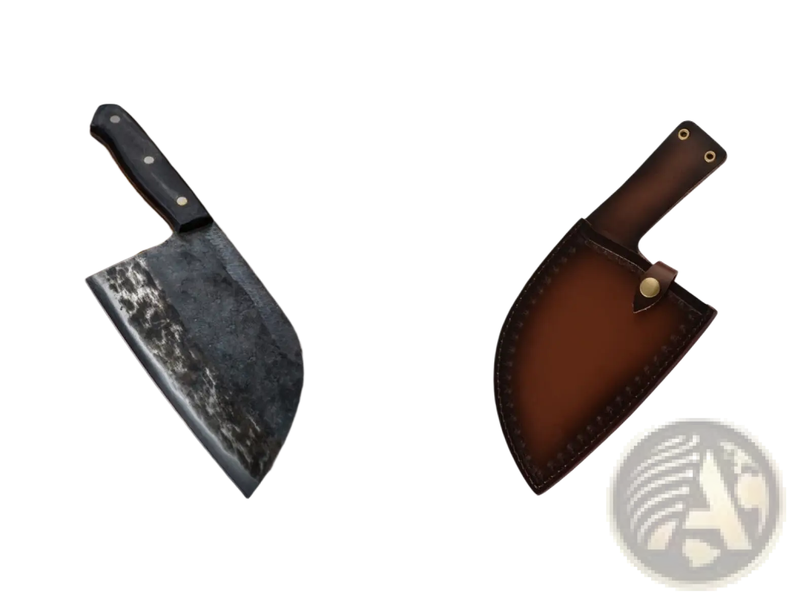 Black-handled hand-forged high carbon stainless steel meat cleaver with dark textured blade on rustic wood surface