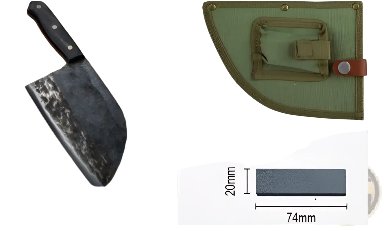 Black-handled hand-forged high carbon stainless steel meat cleaver with dark textured blade resting on wood
