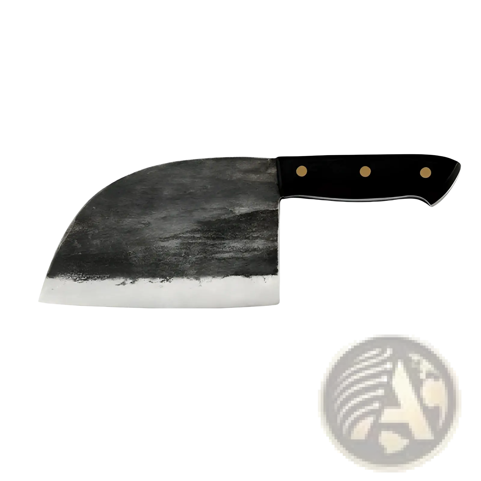 Hand-forged high carbon stainless steel meat cleaver with black handle textured dark gray blade and three gold rivets