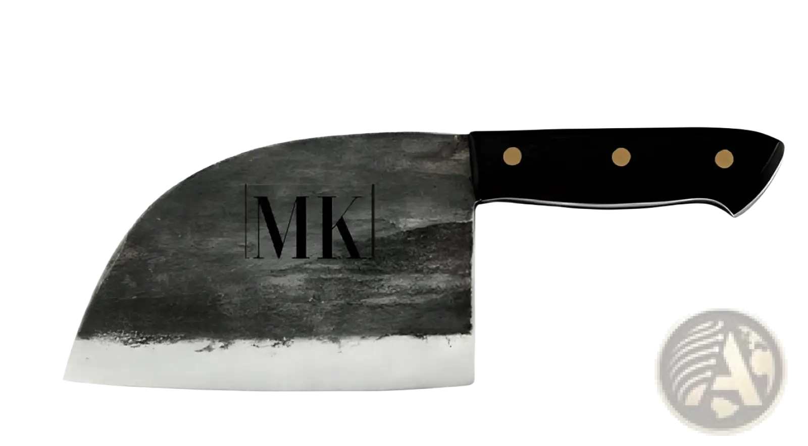 Black-handled hand-forged high carbon stainless steel meat cleaver with wide textured dark blade and gold rivets