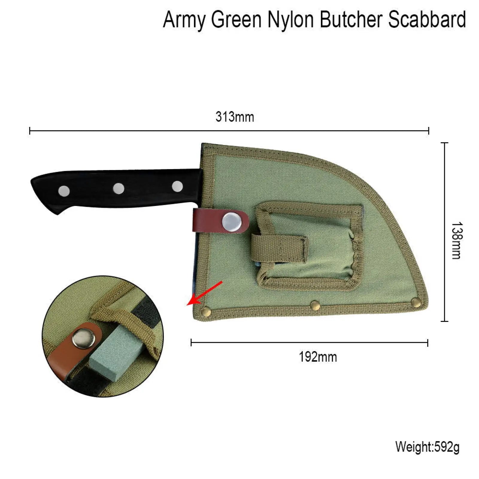 Hand-forged high carbon stainless steel meat cleaver with black handle and army green nylon butcher scabbard