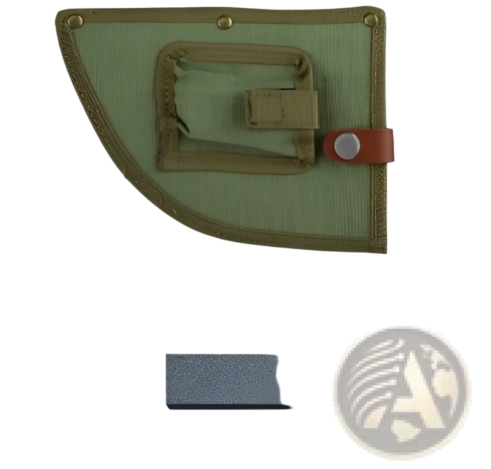 Olive green canvas sheath with brown leather strap and silver snap paired with gray stone for hand-forged high carbon stainless steel meat cleaver